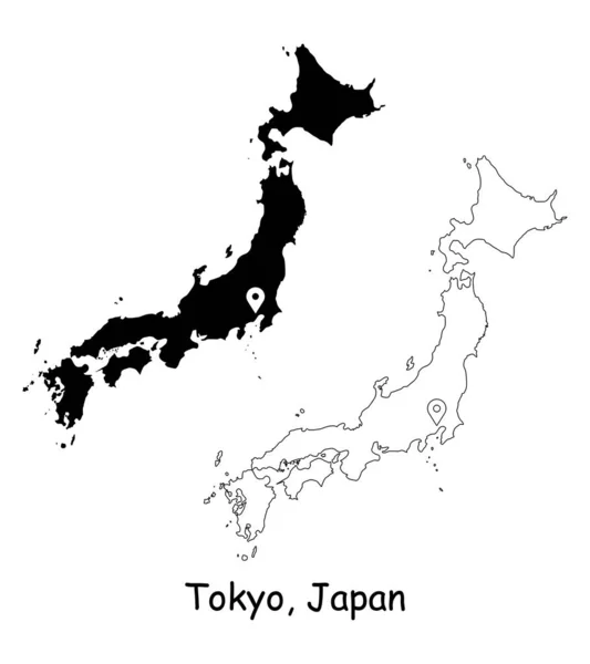 Tokio Japonsko Detailní Mapa Země Připínáčkem Hlavní Město Černá Silueta — Stockový vektor