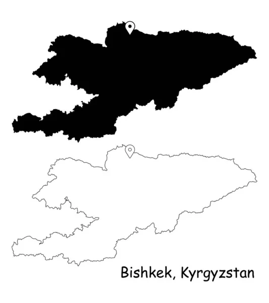 Bishkek Kırgızistan Başkentteki Lokasyon Iğnesiyle Detaylı Ülke Haritası Siyah Siluet — Stok Vektör