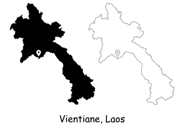 Vientiane Laos Detailní Mapa Země Připínáčkem Hlavní Město Černá Silueta — Stockový vektor