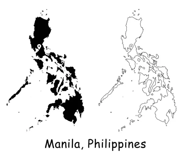 Manila Philippines Detailed Country Map Location Pin Capital City Black — Stock Vector