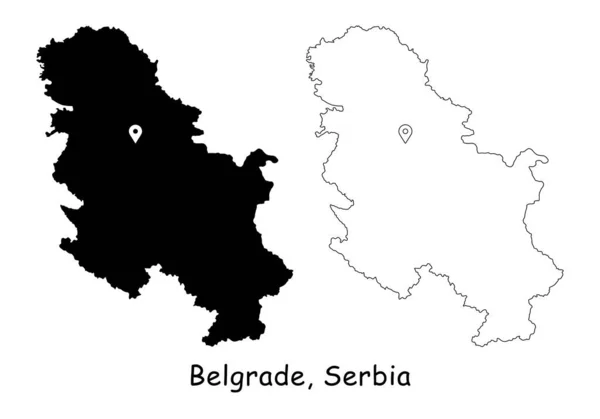 Белград Сербия Подробная Карта Страны Штырем Локировкой Столице Черный Силуэт — стоковый вектор
