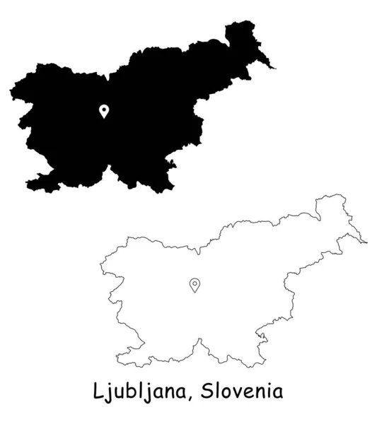 Любляна Словения Подробная Карта Страны Штырем Локировкой Столице Черный Силуэт — стоковый вектор