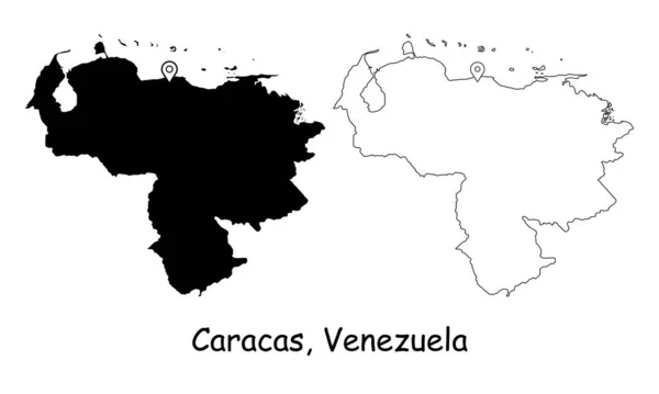 Caracas Venezuela Başkentteki Lokasyon Iğnesiyle Detaylı Ülke Haritası Siyah Siluet — Stok Vektör