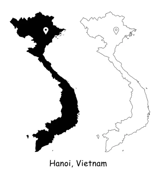 Hanoi Vietnam Detailní Mapa Země Připínáčkem Hlavní Město Černá Silueta — Stockový vektor