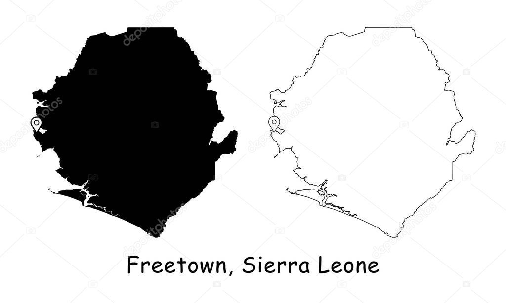 Freetown, Sierra Leone. Detailed Country Map with Location Pin on Capital City. Black silhouette and outline maps isolated on white background. EPS Vector