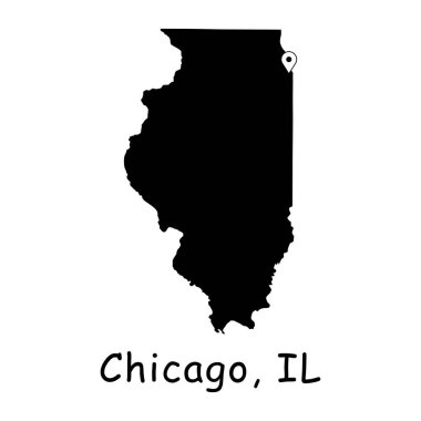 Illinois Eyalet Haritasında Chicago. Chicago 'daki lokasyon iğnesiyle IL Eyalet Haritası. Siyah siluet vektör haritası beyaz arkaplanda izole edildi.