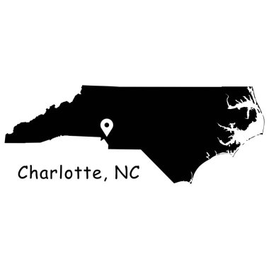 Charlotte Kuzey Carolina Eyalet Haritası 'nda. Charlotte City 'nin konumunu gösteren NC eyalet haritası. Siyah siluet vektör haritası beyaz arkaplanda izole edildi.