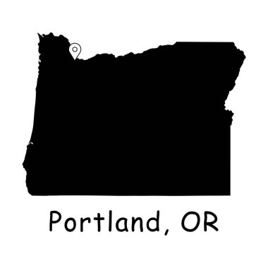 Oregon Eyalet Haritasında Portland. Portland 'daki lokasyon iğneli ameliyathane haritası. Siyah siluet vektör haritası beyaz arkaplanda izole edildi.