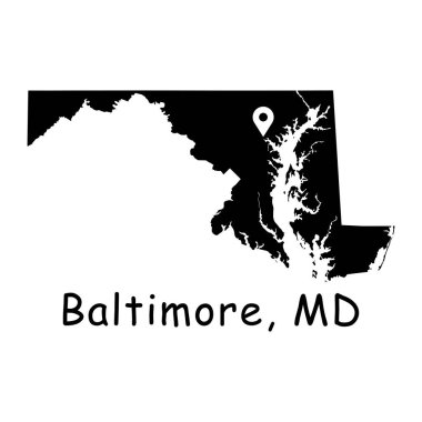 Baltimore Maryland Eyalet Haritası 'nda. Baltimore 'daki lokasyon iğnesiyle detaylı MD eyalet haritası. Siyah siluet vektör haritası beyaz arkaplanda izole edildi.
