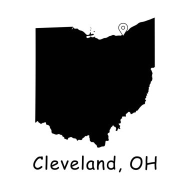 Ohio Eyalet Haritası 'nda Cleveland. Cleveland 'daki lokasyon iğneli OH eyalet haritası. Siyah siluet vektör haritası beyaz arkaplanda izole edildi.