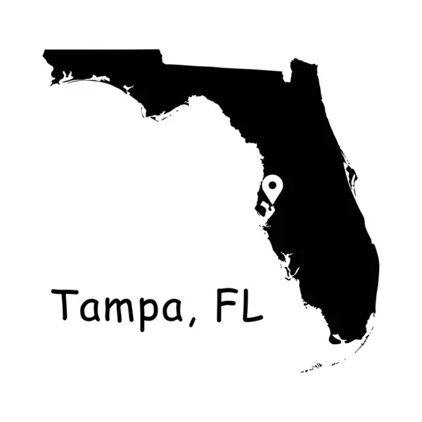 フロリダ州地図上のタンパ タンパ市の位置ピンを持つ詳細なFl州地図 白い背景に隔離された黒いシルエットベクトルマップ — ストックベクタ