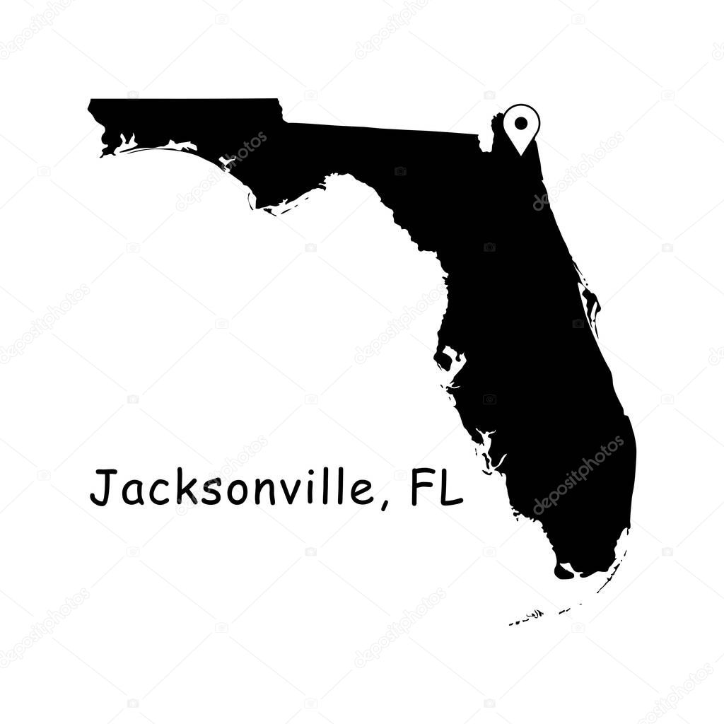 Jacksonville on Florida State Map. Detailed FL State Map with Location Pin on Jacksonville City. Black silhouette vector map isolated on white background.