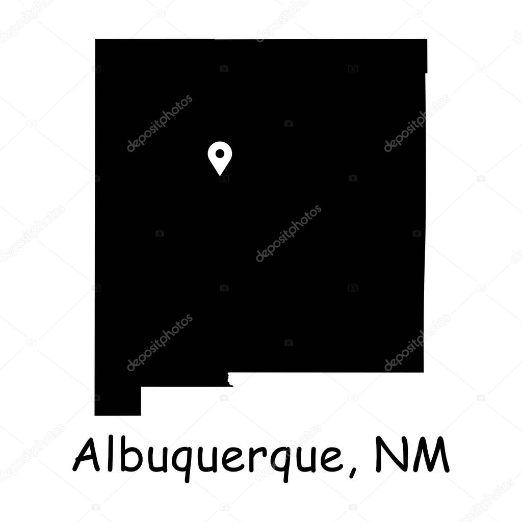 Albuquerque on New Mexico State Map. Detailed NM State Map with Location Pin on Albuquerque City. Black silhouette vector map isolated on white background.