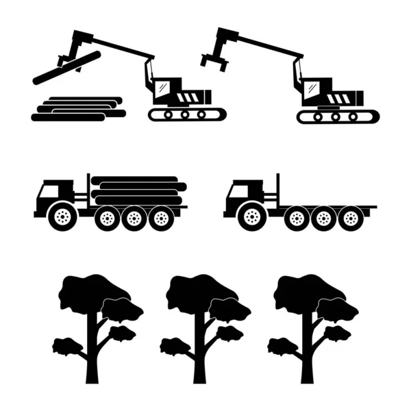 ロギングマシンロガーローダー 伐採や森林伐採に使用される重機やトラックを描いたアイコン 白黒Epsベクトル — ストックベクタ