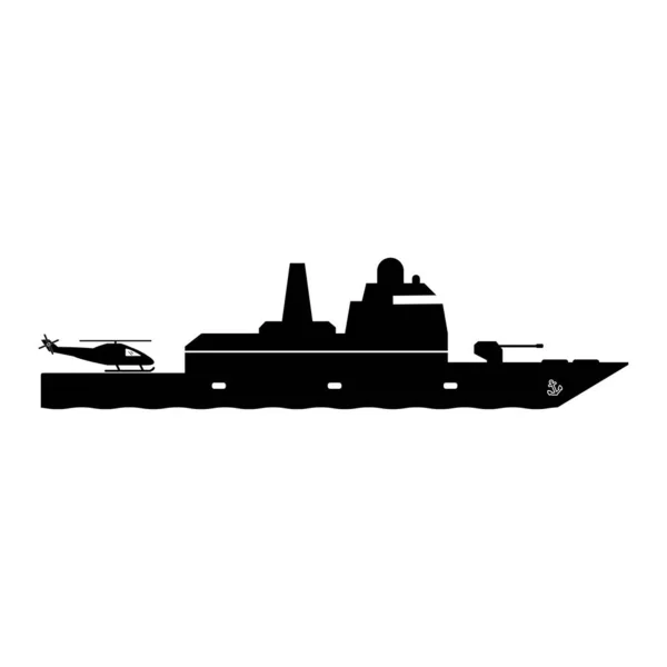 ヘリコプタードックとフリゲート艦 アイコンピクトグラムヘリパッドでフリゲート海軍の軍事戦艦を描いた 白黒Epsベクトル — ストックベクタ