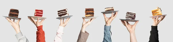 Concept for cafe or bakery with desserts: plates with different cakes in people\'s hands, place for your text