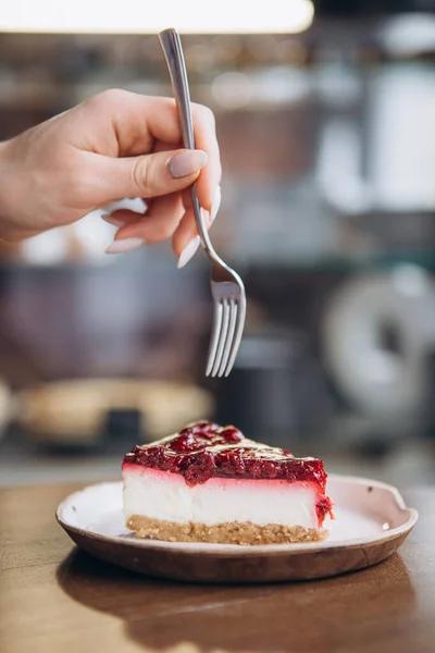 Cutlery Piece Nut Cheesecake Moment You Try Taste Delicious Cake — Stock Photo, Image