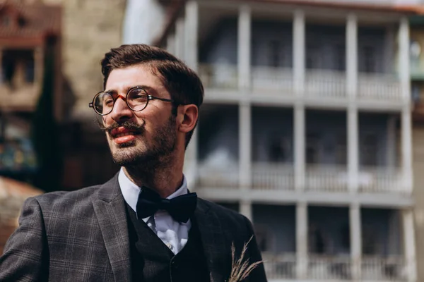 Portrait Stylish Young Georgian Man Mustache Vintage Tuxedo Posing Photo — Stock Photo, Image