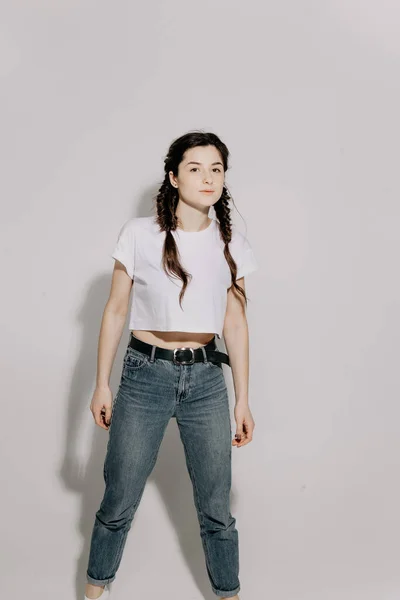 Young Pretty Woman Pigtail Braid Dressed White Shirt Jeans Posing — Stock Photo, Image