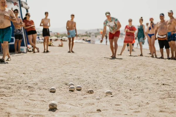 Freizeit Für Urlauber Strand Rentner Eine Partie Petanque — Stockfoto