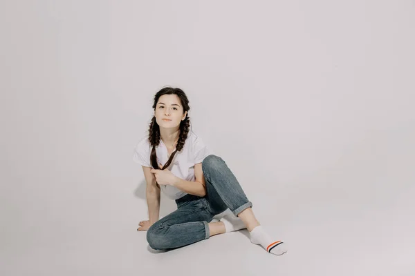 Young Pretty Woman Pigtail Braid Dressed White Shirt Jeans Posing — Stock Photo, Image