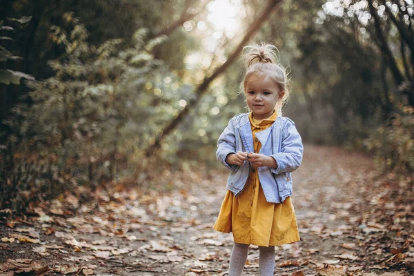 Маленька Красива Дівчинка Позує Фото Під Час Прогулянки Батьками Осінньому — стокове фото