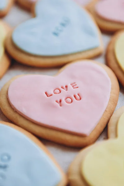 Valentine Day Presents Heart Shaped Cookies Colorful Glaze Themed Lettering — Stock Photo, Image