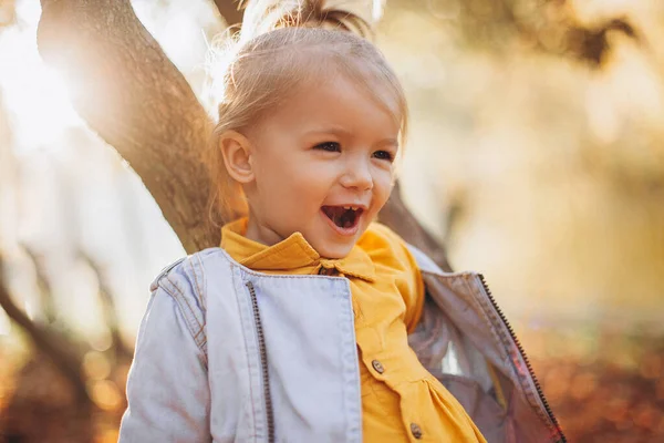 Criança Feliz Rindo Brincando Passeio Com Pais Outono Parque Cidade — Fotografia de Stock