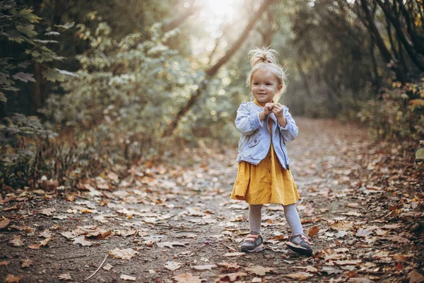 Criança Feliz Rindo Brincando Passeio Com Pais Outono Parque Cidade — Fotografia de Stock
