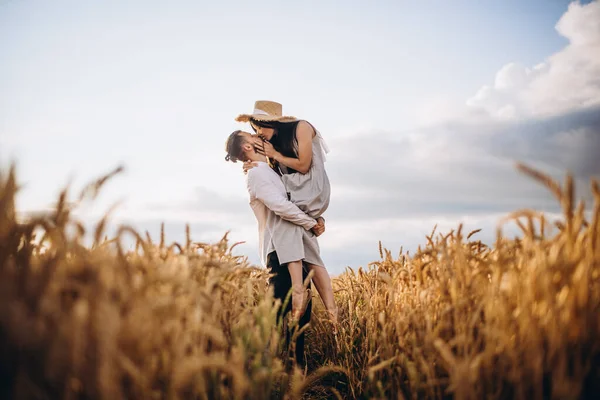 Young Happy Family Stylish Hipsters Walking Autumn Wheat Field Together — Stock Photo, Image