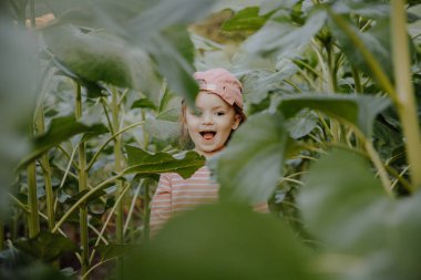 Pembe elbiseli küçük kız bahçede bitkilerle oynuyor.