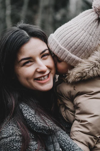 Portrait Young Beautiful Mother Her Cute Little Daughter Walking Cool — Stock Photo, Image