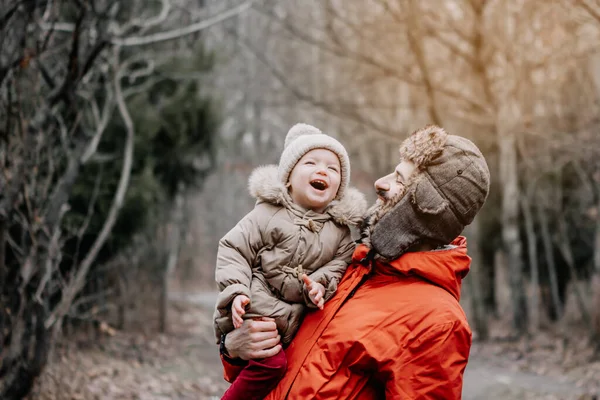 Happy Family Concept Father Baby Daughter Playing Laughing Cold Winter — Stock Photo, Image