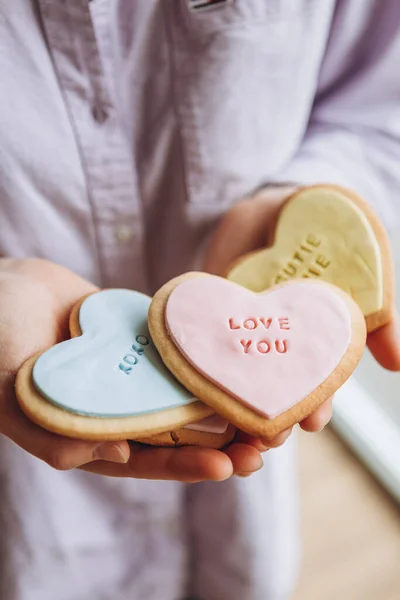 Valentine Day Presents Heart Shaped Cookies Colorful Glaze Themed Lettering Royalty Free Stock Photos