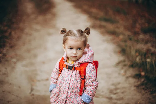 Маленькая Симпатичная Девушка Одетая Розовую Куртку Рюкзак Выглядит Серьезно Время — стоковое фото