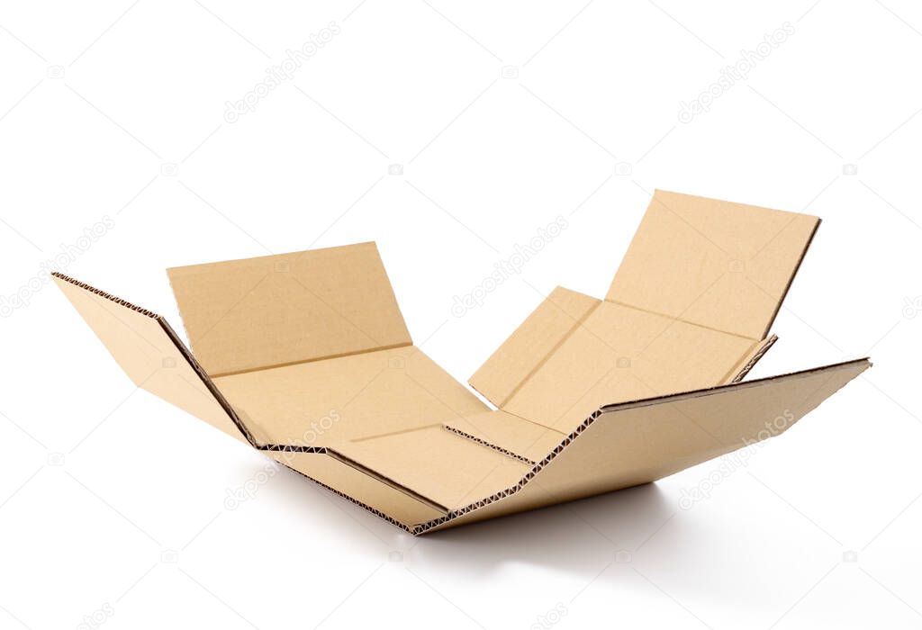 Carton box to fill isolated on white background. Cardboard corrugated box open, as in an exploded view, to show its content that will be inserted in great evidence. Surprise, gift or purchase concept.