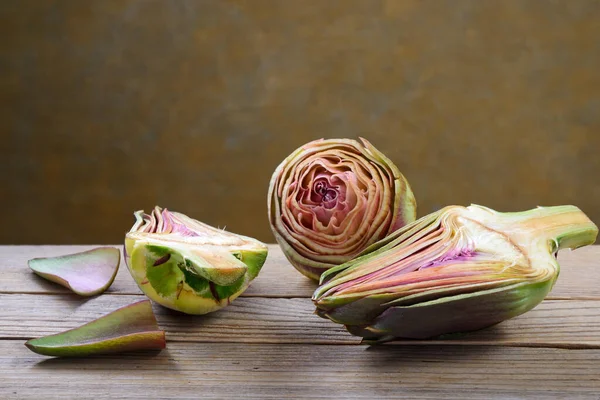 Peeled Artichokes Old Wooden Table Space Text — Stock Photo, Image