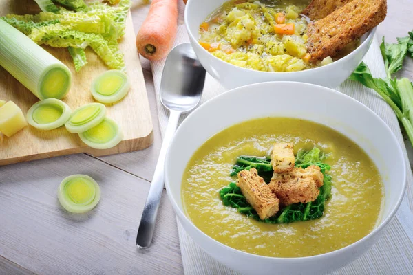 Savoy cabbage velout and savoy cabbage soup with potatoes, leeks and carrots. — Stock Image Savoy Cabbage Velout Savoy Cabbage Soup Potatoes Leeks Carrots Royalty Free Stock Photos