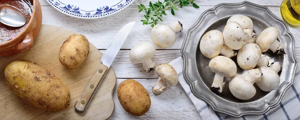 Champignon Mushrooms Potatoes White Wood Background Top View — Stock Photo, Image