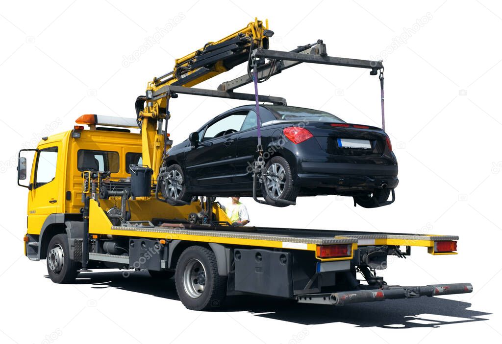 An illegally parked car towed away from the tow truck. Isolated on white background.