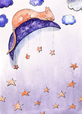 Ay'da uyuyan kedi kartı