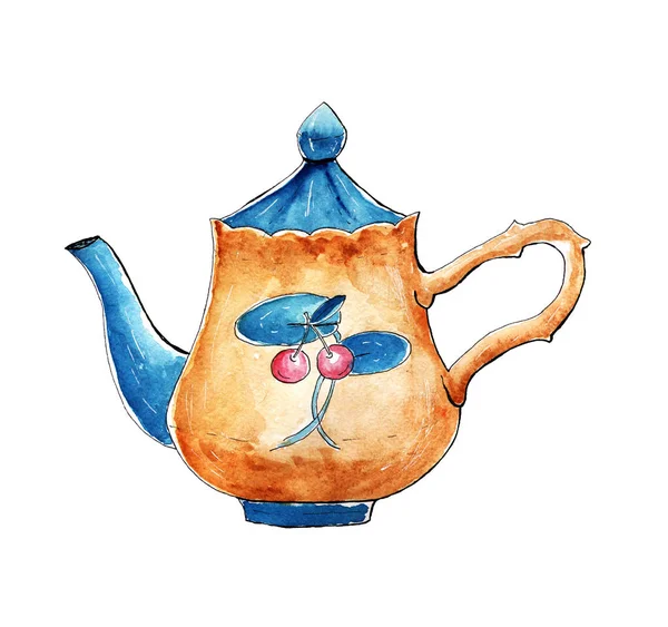 Teapot with cherry — Stock Photo, Image