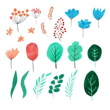 Beyaz arka planda suluboya ağaçları ve çiçekler seti