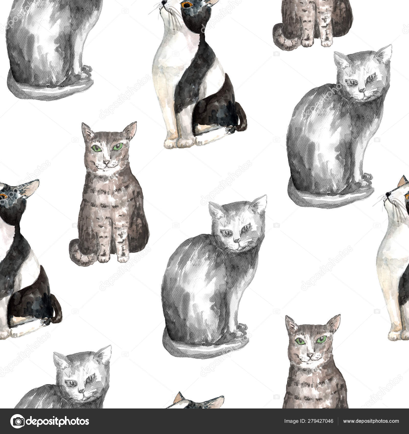 Download Watercolor Cat Pattern Stock Photo Image By C Zzorna 279427046