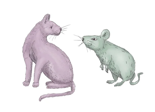 El çizilmiş kedi ve fare — Stok fotoğraf