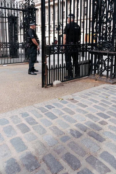 London, UK, June 19, 2020: Two British police officers in central London stand guard