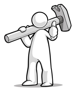 Elinde çekiç tutan en az beyaz insan figürü, çalışmayı, çabayı, inşaatı, uygulamayı ve fikirleri harekete geçirmeyi sembolize ediyor. Temiz konsept çizimi.