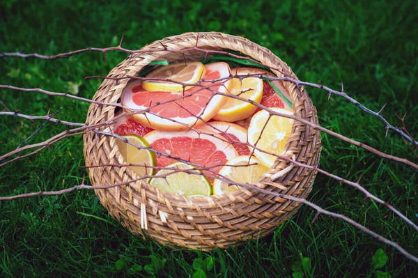 Art Composition Isolated Citrus Slices Wicker Basket — Stock Photo, Image
