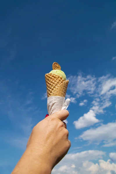 Ice Cream Cone Held Hot Summer Sky Hand Holding Ice Stock Photo