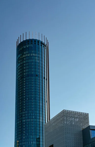 Bottom View Modern Skyscrapers Business District Evening Light Sunset — Stock Photo, Image